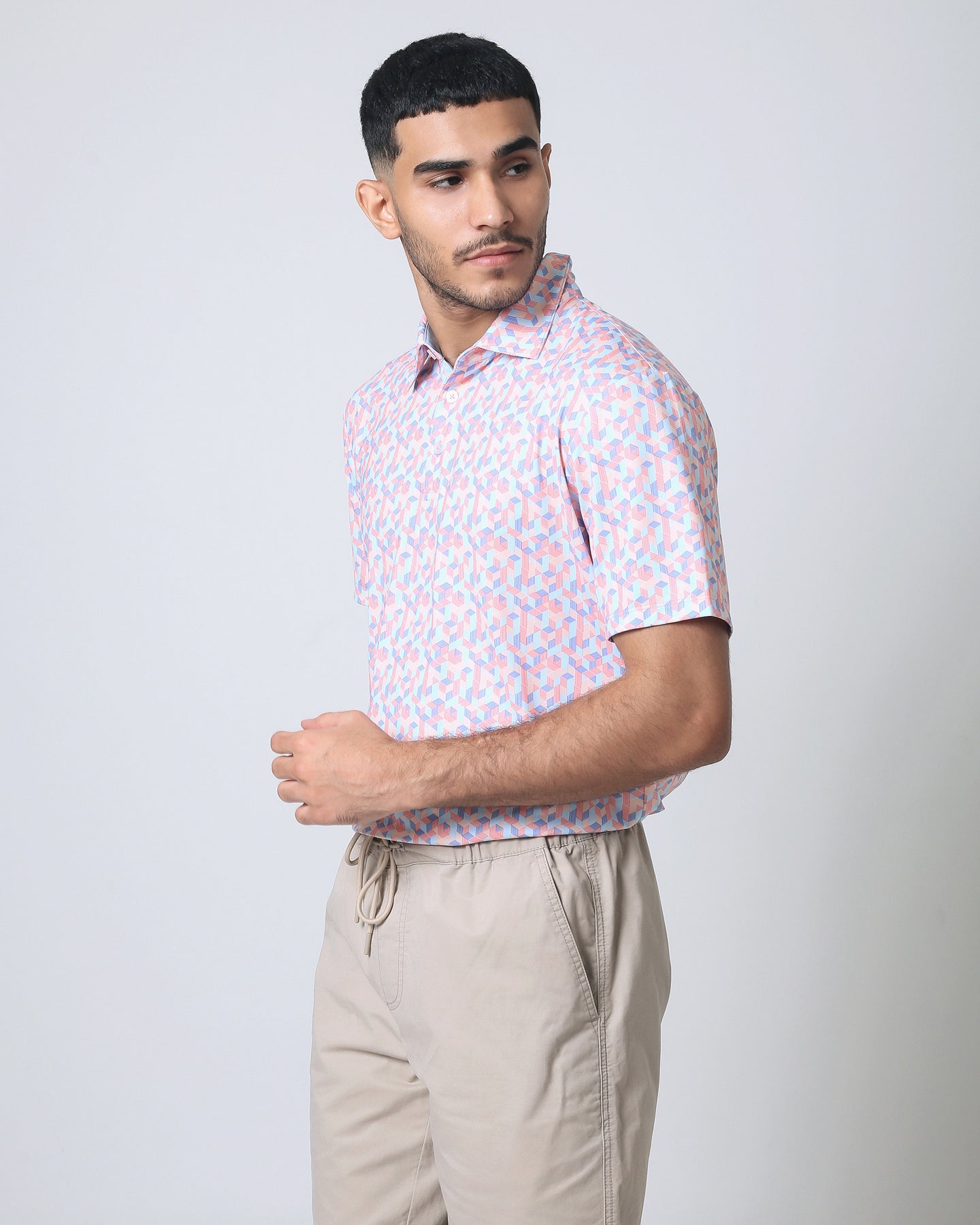 Quieti Performance Regular Fit, Orange Geo Printed Knit, 3 button Short Sleeve Polo